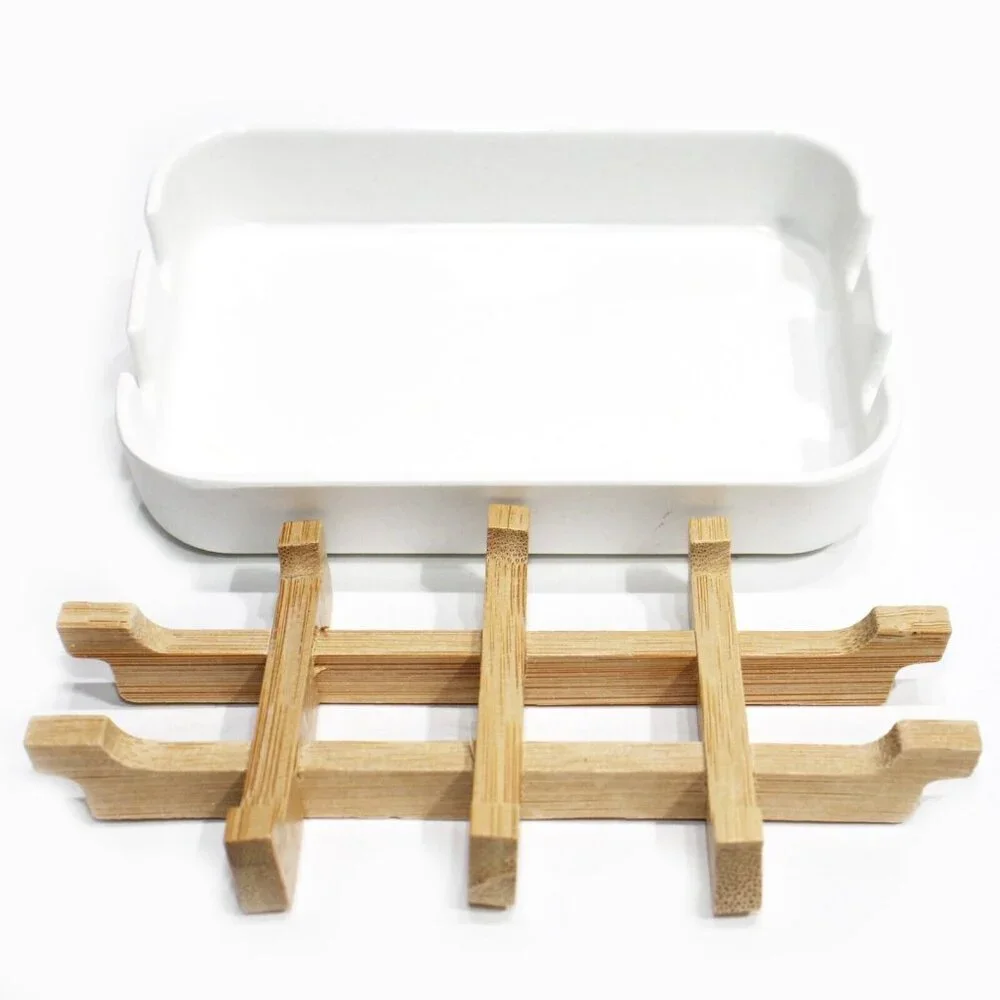 Bamboo Fiber Self-Draining Soap Dish Drain Storage Holder Tray Bathroom Set of 2